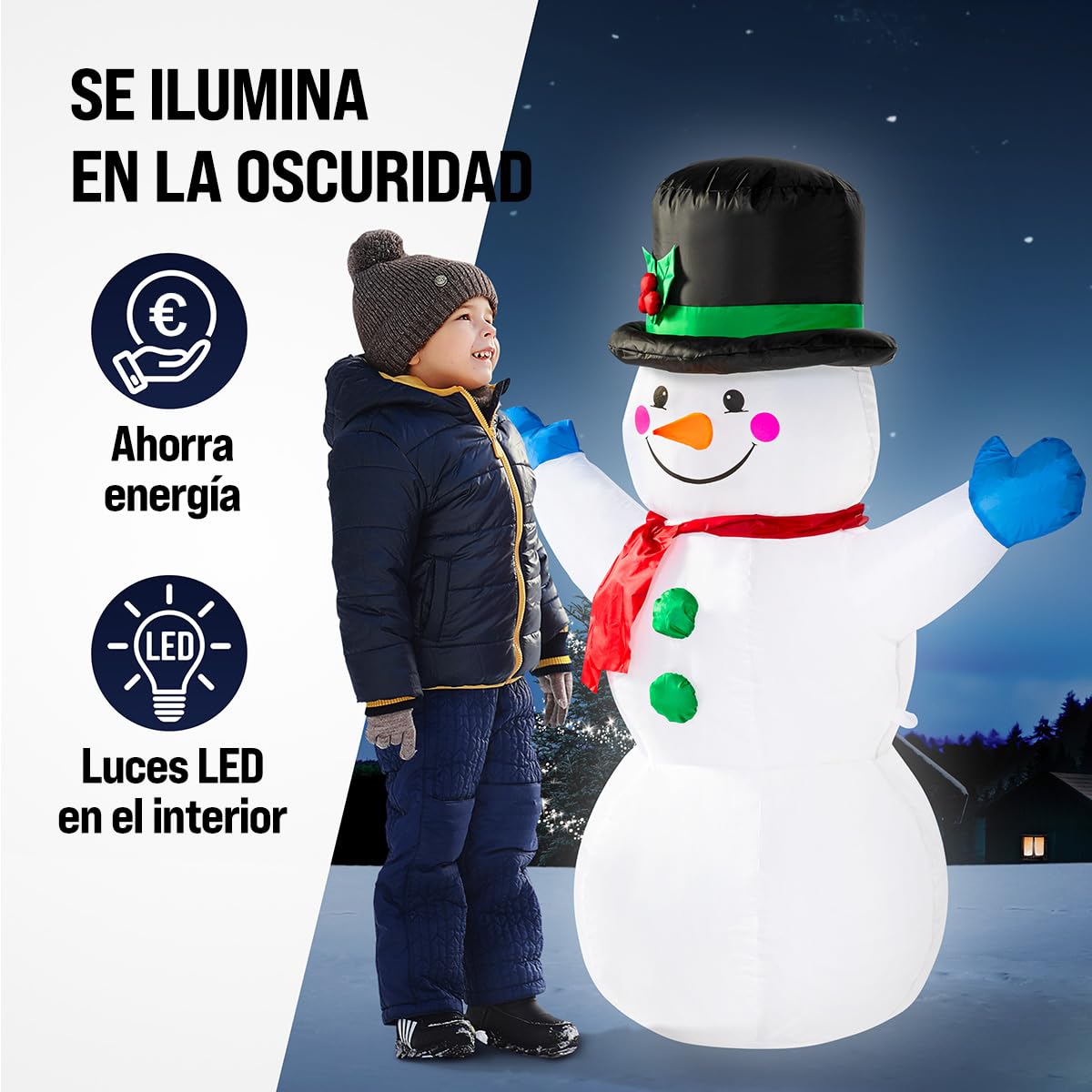 MONZANA® Muñeco de Nieve Inflable 120cm Luces LED Exterior Interior Decoración Navidad Incl. Bomba Eléctrica
