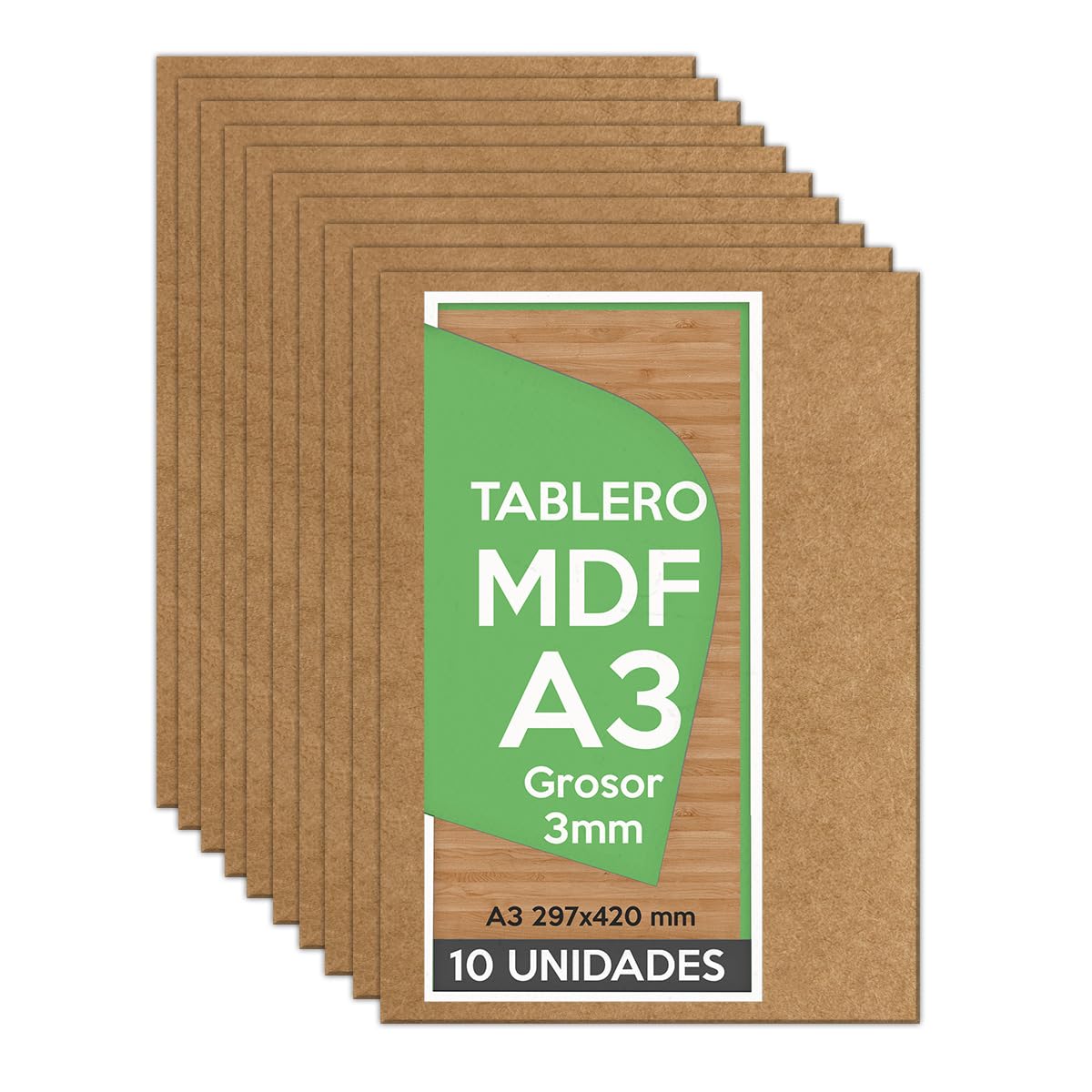 Tablero DM (MDF) A3 297x420 x 3mm (10 paneles) - Madera para Bricolaje, Manualidades, Corte Láser, Marqueteria, Calado, Artesanía - Paneles de Madera de Ingeniería para Manualidades