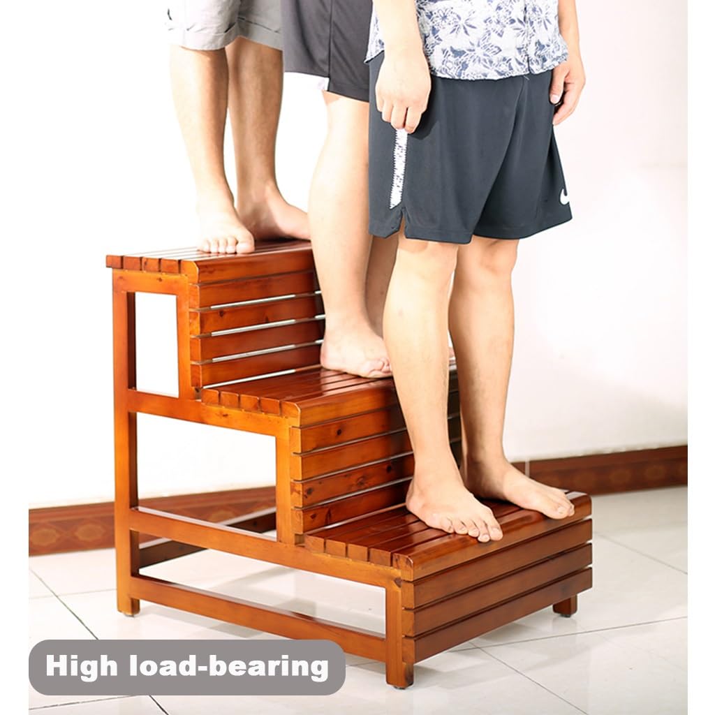 2 Steps Solid Wood Ladder Stool Mortise and Tenon Construction Grille Crossbar Multi-Craft Production Ladder Stool Environmentally Friendly Lacquer Finish Complete Footrest (Color : Oak red)