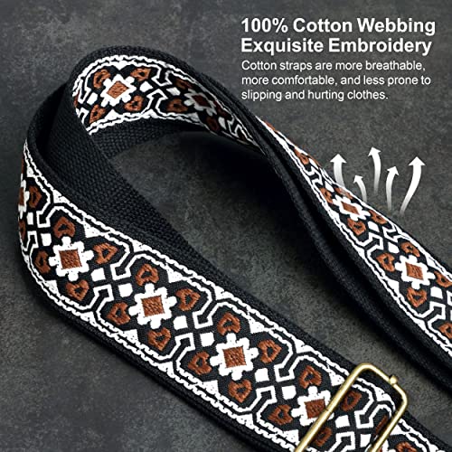 Image of Nefelibata Guitar Strap,Jacquard Embroidery Cotton Guitar Straps with Crazy Horse Leather Ends for Bass, Electric & Acoustic, Best Gifts for Kids, Guitarists(Vintage White Embroidery)
