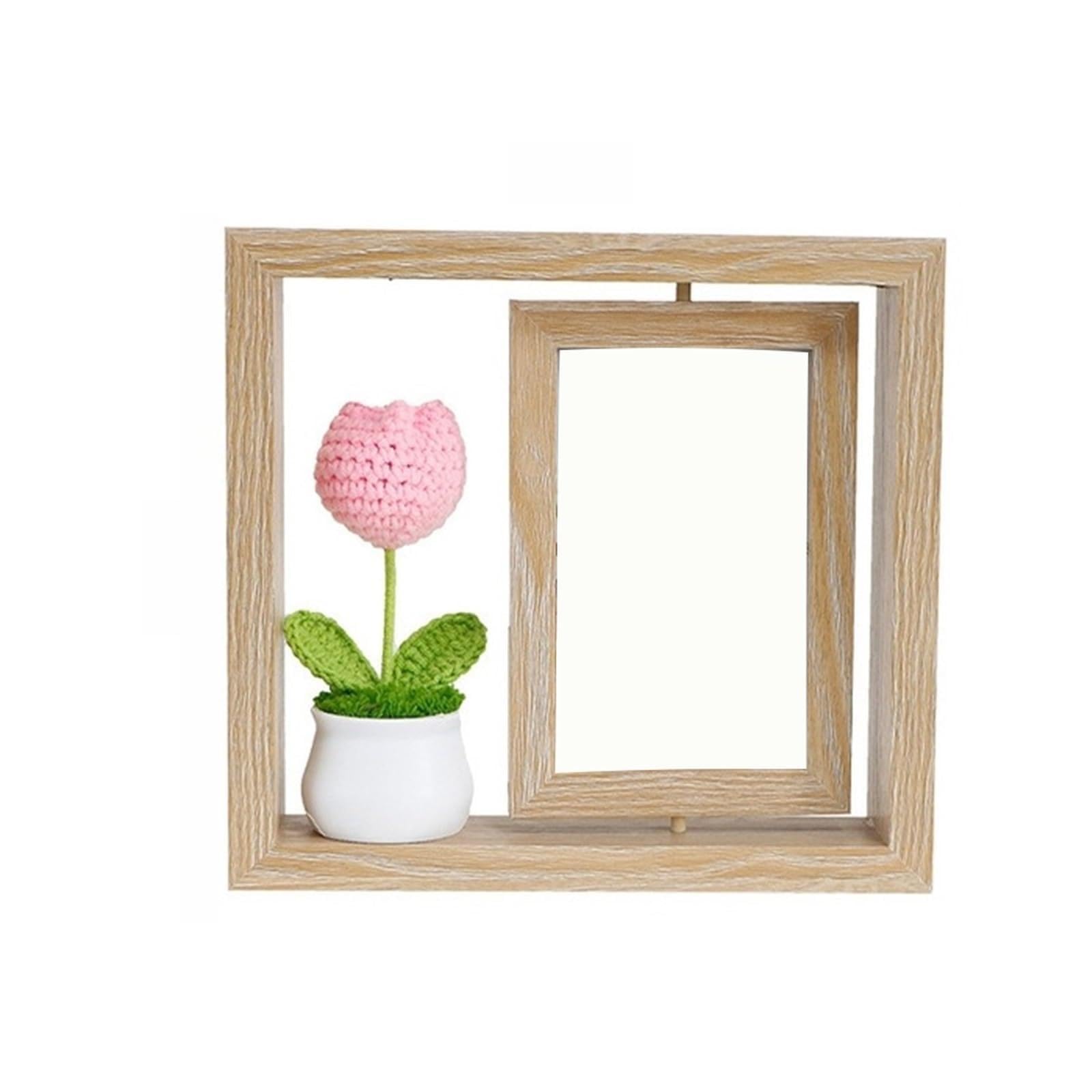 Rotating Picture Frame Double Sided Rotating Photo Frame Wooden Material with Flower and Potted Plant for Displaying 6 Inch Photos(Color 2)