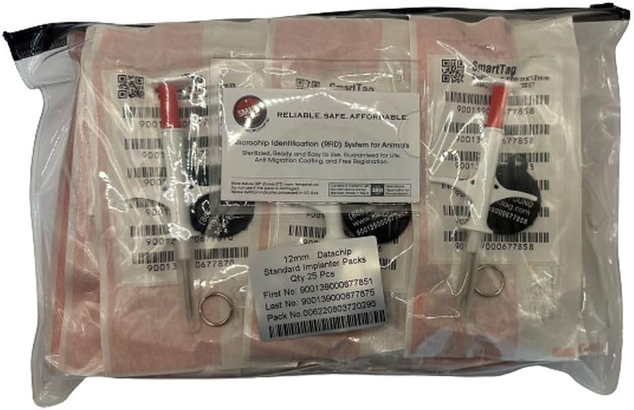 ISO Data Microchip with Lifetime Pet Recovery Service/24-7 US Call Center/Free Registration, Implanter & Metal ID Tag for Dogs, Cats, Horses & All Animals, 12 Gauge/Reusable Poly-Bag/25 Pack