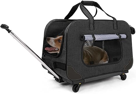 GJEASE Large Pet Rolling Carrier with Wheels for Up to 35 LBS(Upgrade Material-Sponge Filling),with Durable Handle and Flexible Wheels,Breathable and Collapsible Carrier for Small Medium Pets