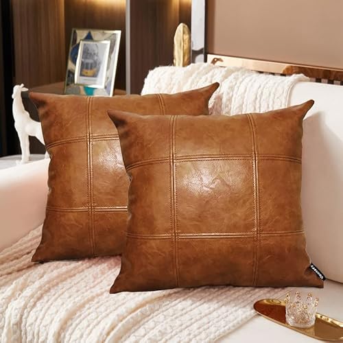 Vannaey Faux Leather Throw Pillow Covers, 18 X 18 Pillow Cases Cover, Set Of 2, Decorative Pillows Cover For Couch, Square Boho Accent Sofa Pillow Covers For Living Room, Bedroom (Brown) #TOP7