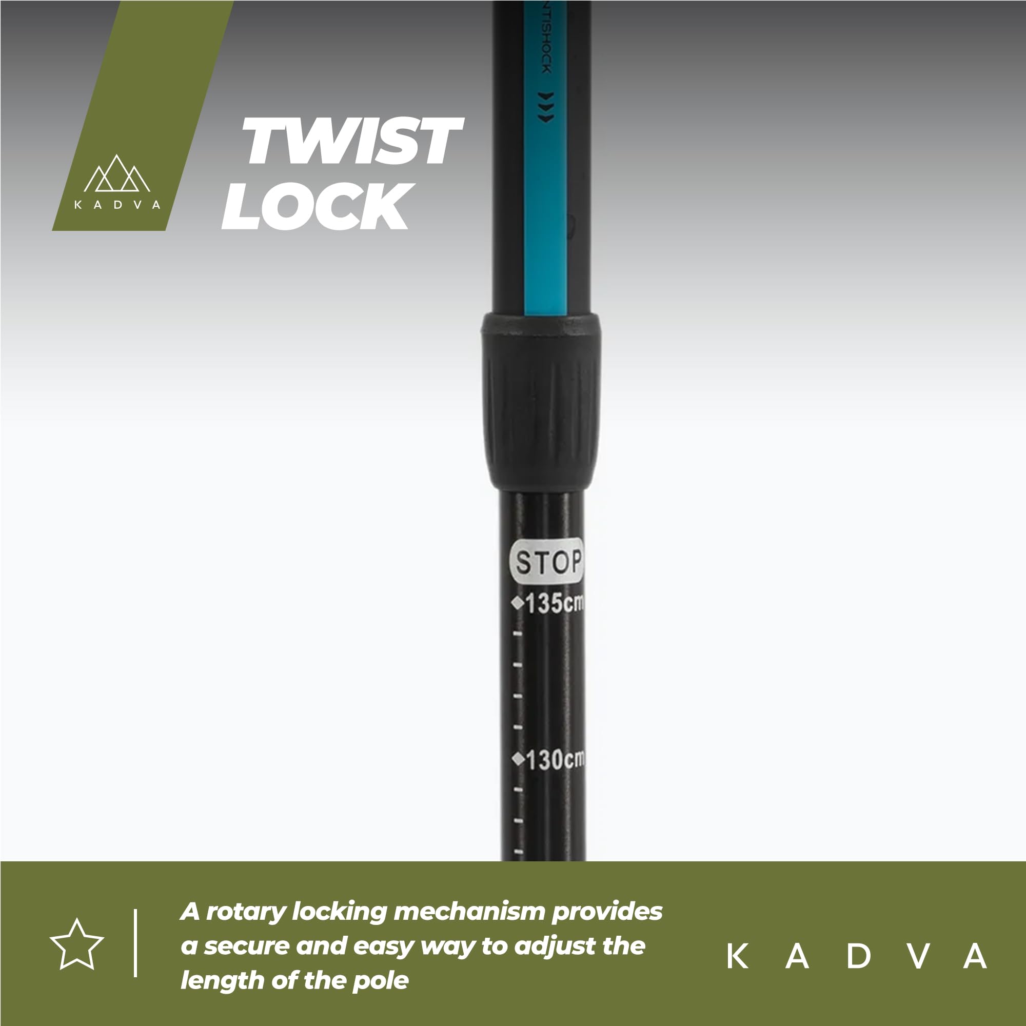 KADVA Bastones de Marcha nórdica Luna Azul, tamaño Ajustable 69 – 135 cm, Sistema de Cierre de Rosca para un Cambio de Longitud Seguro y fácil, Mango de Polipropileno Resistente y Corcho