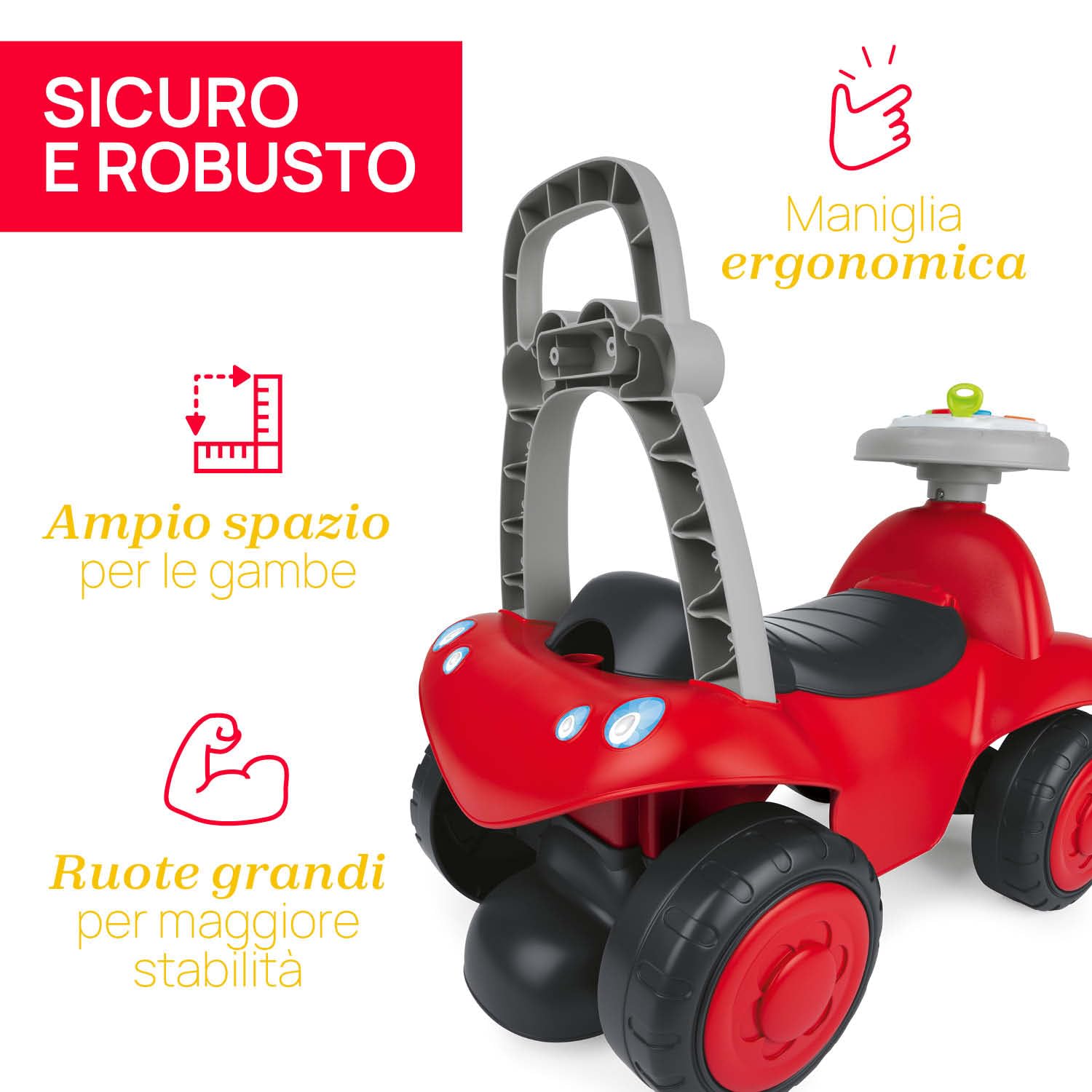 Chicco Billy Walk&Ride Eco+, Primi Passi, Girello e Cavalcabile, Assemblaggio Semplice, Manubrio Ergonomico, Ruote Larghe, Con Suoni e Luci di Guida, in Plastica Riciclata, Bambini 12-36 Mesi, Rosso