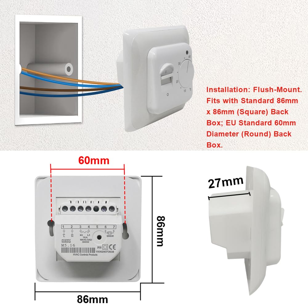 KETOTEK Manuel Thermostat d'ambiance Chauffage au Sol Electrique avec sonde AC 220V 16A, Régulateur de Thermostat Plancher Chauffant Mécanique