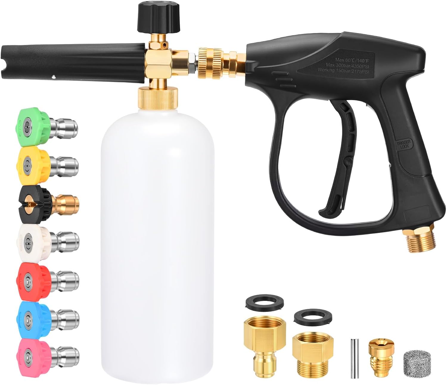 Pressure Washer Short Gun with Foam Cannon, 3/8" Thread x Quick Socket, M22-15mm to M22-14mm Adapter, Power Washer Gun with 7 Nozzles, Wash Kit Accessories for Cars, Driveway, Yard