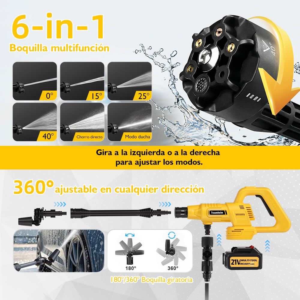 Hidrolimpiadora inalámbrica, 17 Piezas, 8000 mAh, máx. 68 Bares, con Boquilla 6 en 1 y Boquilla giratoria de 180°, hidrolimpiadora portátil para Coches, Bicicletas, terrazas y Jardines.