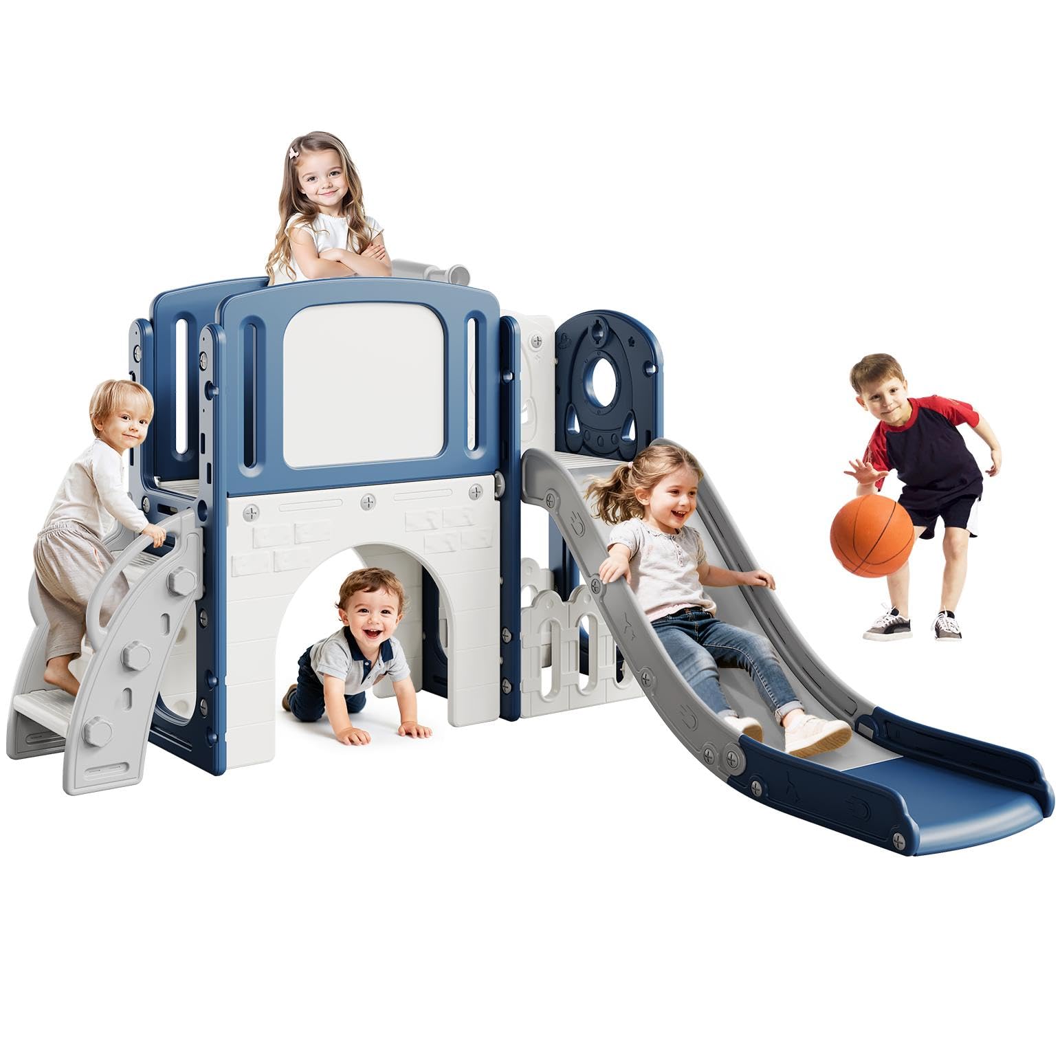 Aptliton Men's Blue 8-In-1 Toddler Slide Set With Climbing Ladder, Tunnel, Telescope And Basketball Hoop, Multi-Functional Indoor Outdoor Playground Climber, Children's Playground Toy For Kids,