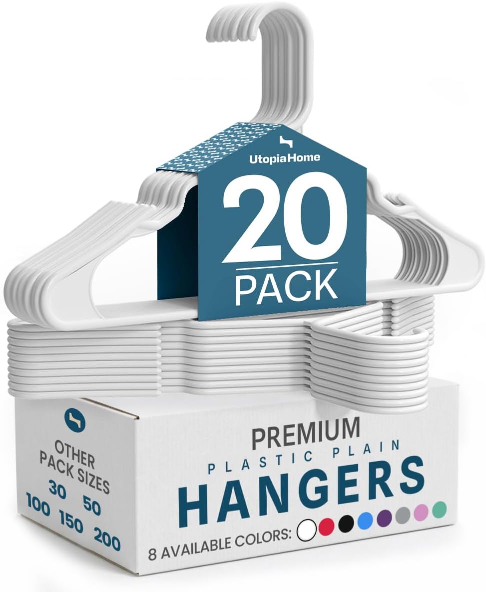 Utopia Home - Plastic Hangers 20 Pack - Space Saving Clothes Hanger - Durable and Strong Closet Organizers and Storage Makes It Ideal Stocking Stuffers or Apartment or Dorm Room Essentials (White)