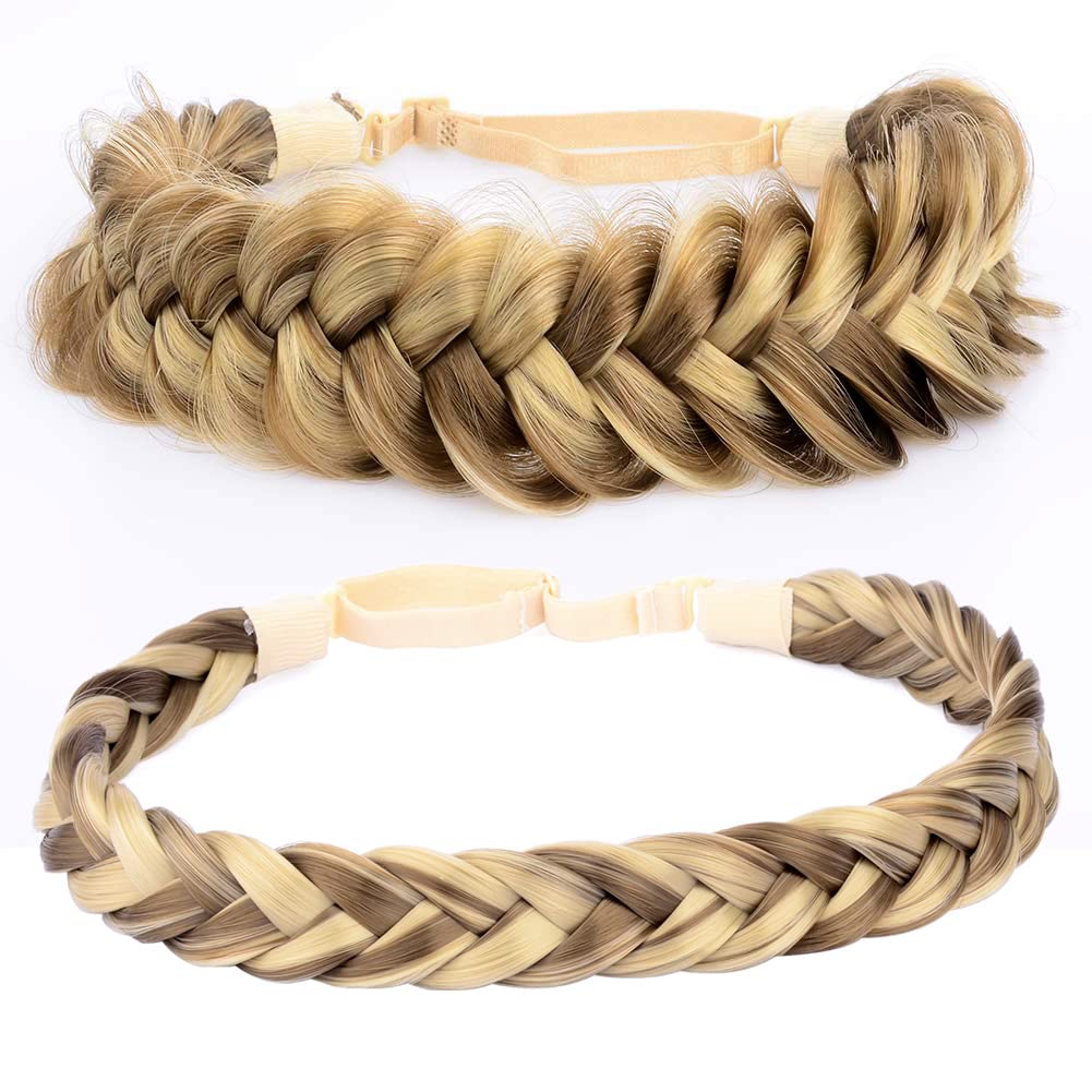 DIGUAN Messy Wide 2 Strands Fishtail Synthetic Hair Braided Headband Hairpiece for Women Girls Beauty Brides Hair Accessory Combination (Highlighted)