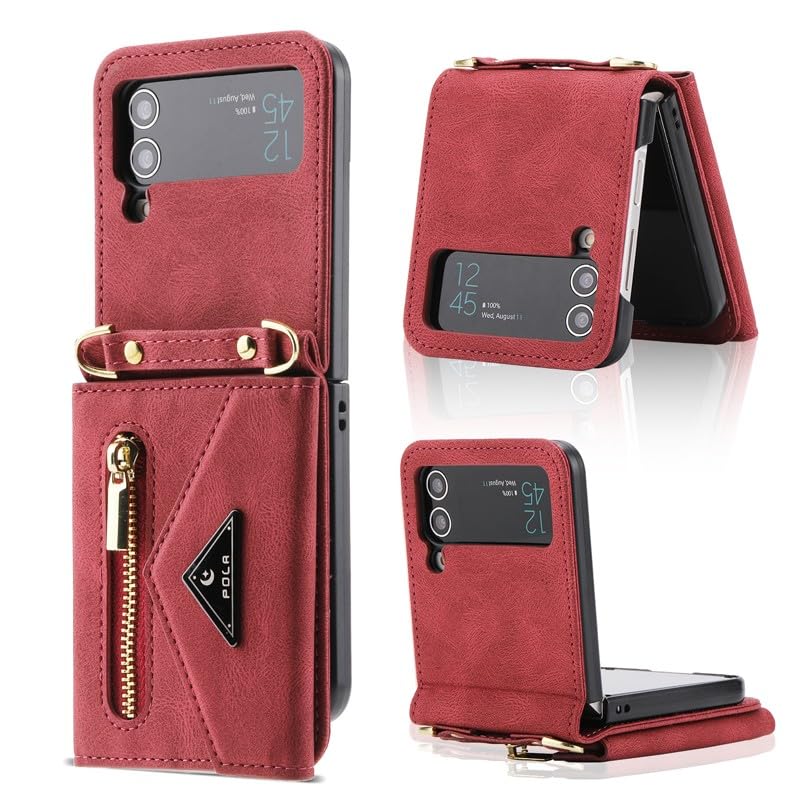 Generic Custodia compatibile con Samsung Galaxy Z Flip 4 (colore: rosso) antiurto in pelle portafoglio slot per carte di credito custodia flip con tracolla