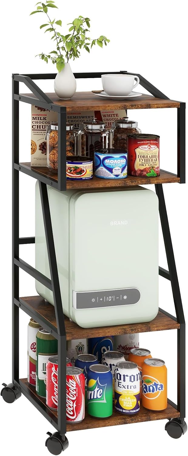 PUNCIA Rolling Side Table with Mini Fridge Space – Multi-Tier End Table with Storage Shelves, Beauty Skincare Fridge Organizer with Wheels for Bedroom, Living Room, or Dorm