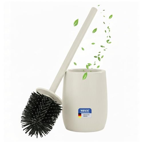 WENKO WC-Garnitur Mod. Fablo aus Keramik mit Rillenoptik freistehender Toilettenbürstenhalter Silikon-Bürstenkopf und Flexible Kunststoffabdeckung Standgarnitur für Bad und Gäste-WC Creme matt