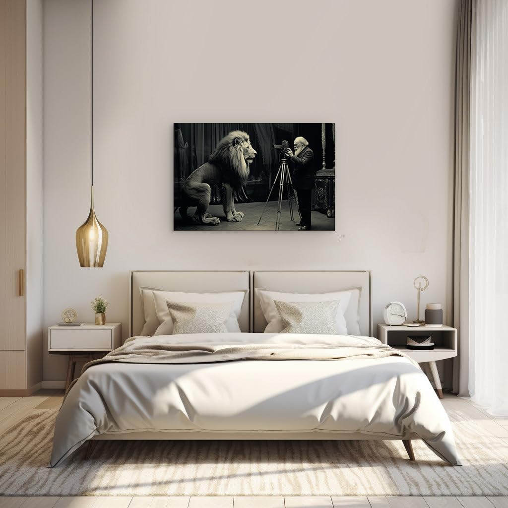 Canvas for Living room. Man, Camera, and the Stoic Lion An Artistic Tribute to Vintage Photography, 27 x 18 inch Canvas Wall Art - Retro Home Decor - 69x46 cm (27x18 inch)