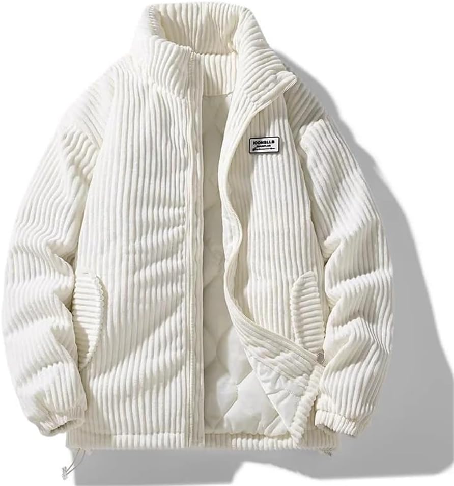 Mens Vintage Corduroy Parka Cotton Padded Jacket with Stand Collar Thick Warm Winter Coat Windbreaker