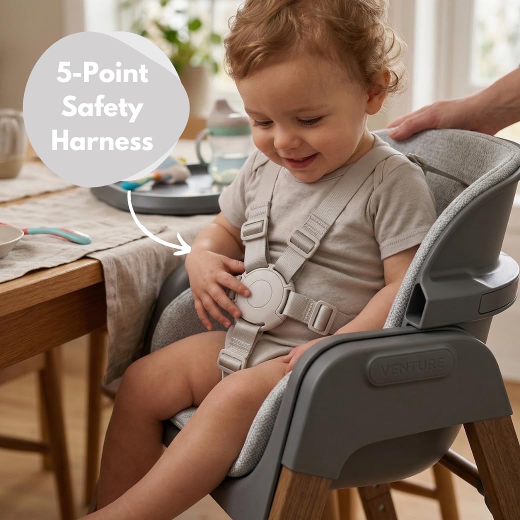 Venture Neyo 2-in-1 Foldable High Chair for Baby and Toddler, Convertible Baby Highchair with Wood Effect Legs, Removable Tray & Cushion, 5 Point Harness, Compact Folding (Grey) — view 7