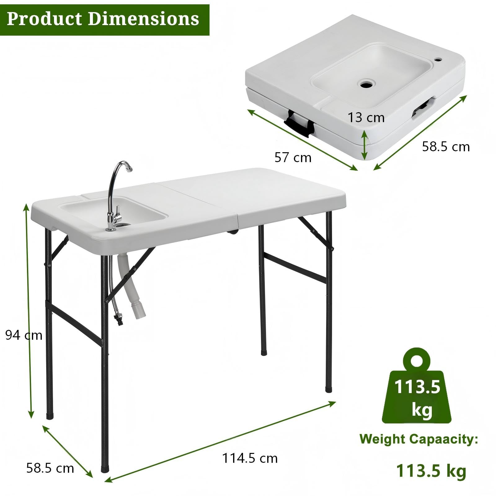 Bonnlo Klappbarer Fischreinigungstisch mit Spüle – Campingtisch Tragbar aus HDPE mit Wasserhahn, Ablaufschlauch, Filetiertisch für Picknicks, Camping, Grillen & Angeln, 114,5 x 58,5 x 94 cm, Weiß