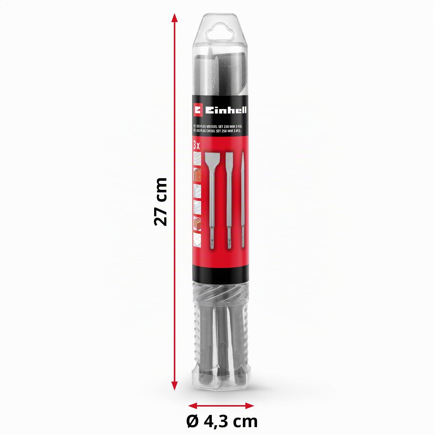 Einhell - Juego de cinceles SDS Plus, 3 piezas, 250 mm (con cincel puntiagudo, cincel plano de 20 mm de ancho y 40 mm de ancho, hecho de acero duradero de 40 Cr para trabajos de demolición y