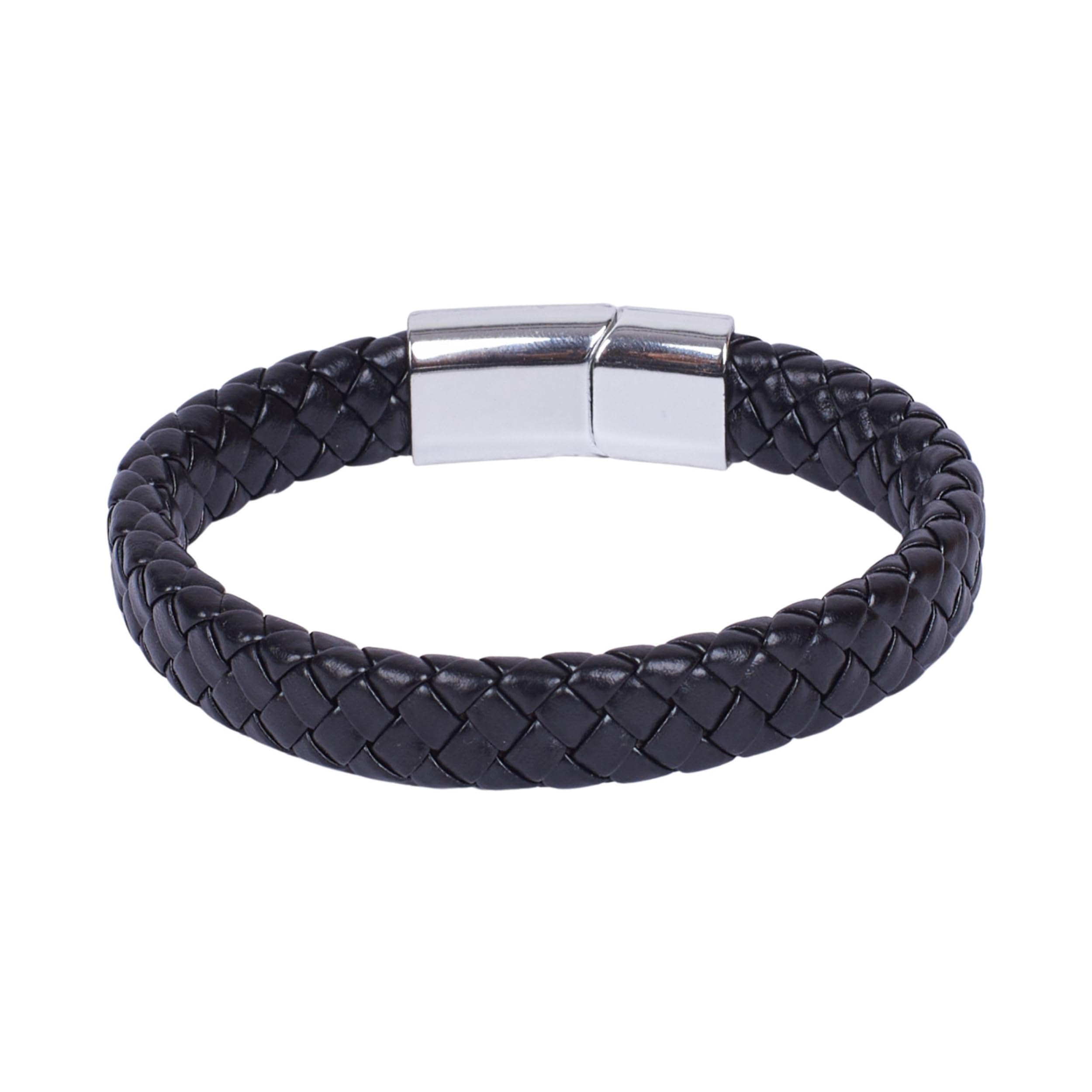 SALTY ALPHA Anti Tarnish Stavros Stainless Steel Leather Black Bracelet for Men | Hand Bands for Boys | Wrist Bracelets for Man | Fashion Jewellery Accessories | Stylish Minimal Jewelry
