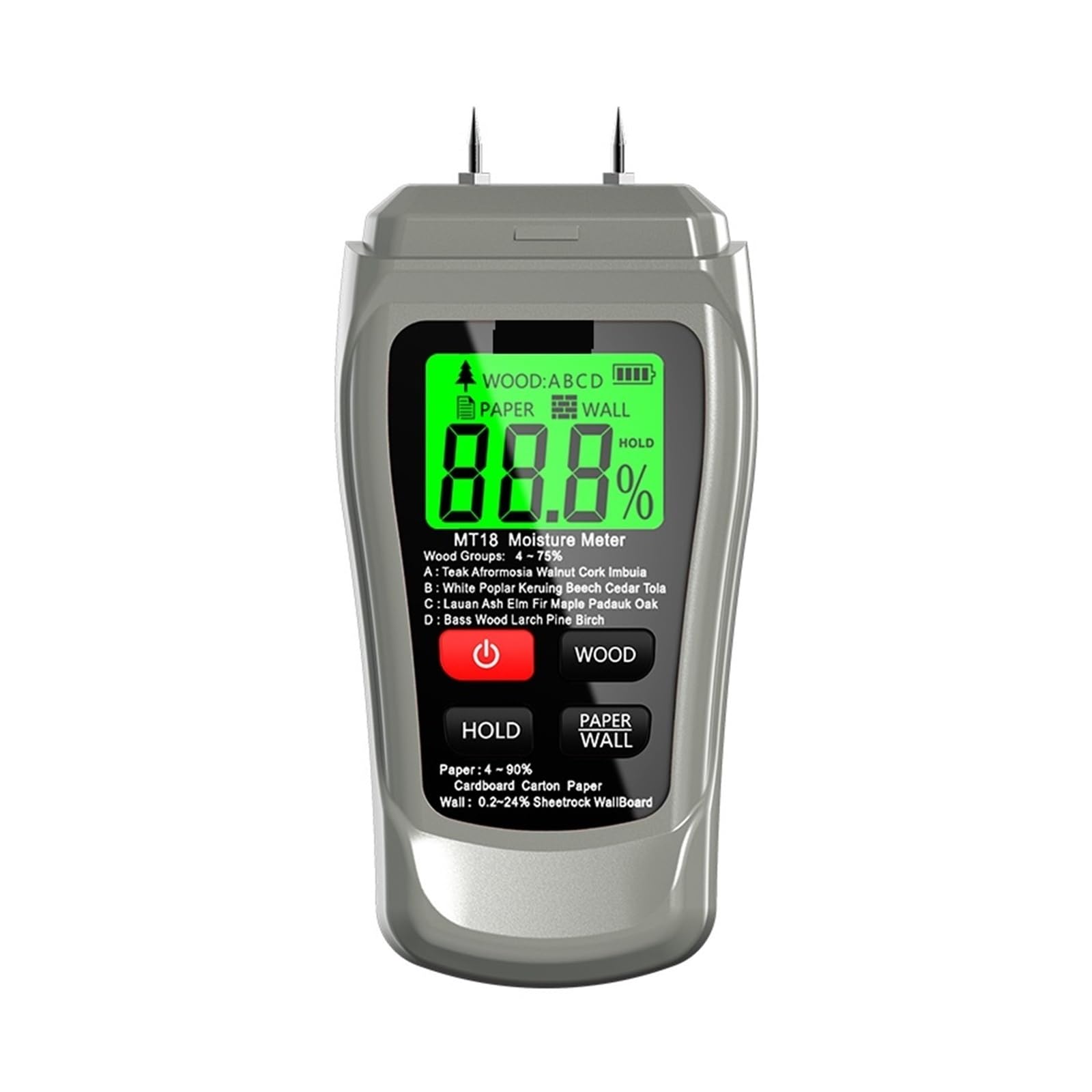 Medidor de humedad, Medidor de humedad madera digital MT-18 gris 0 a 99,9% con dos clavijas, comprobador papel, higrómetro pared, detector Para jardinería y agricultura(Grey with battery)