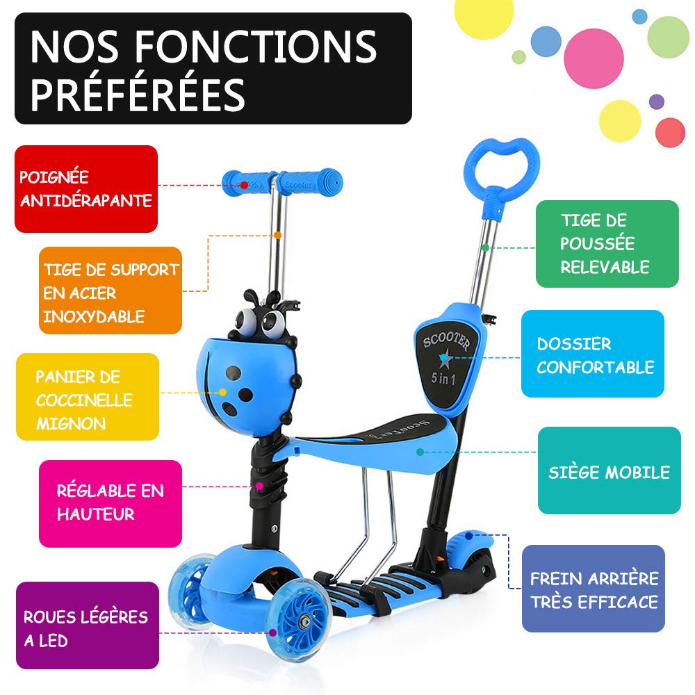 YOLEO Trottinette avec Siège 5 en 1, 3 Roues Plateau Antidérapant LED, Patinette réglable en Hauteur Classiques, Idéal Cadeau pour Enfants 2 a 6 Ans
