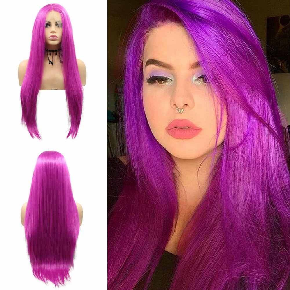13x3" Pre Plucked Long Straight Colorful Wigs for Women Natural Looking Heat Resistant Fiber Synthetic Lace Front Wigs for Replacement/Party/Cosplay/Costume/Daily Use (Bright Purple)