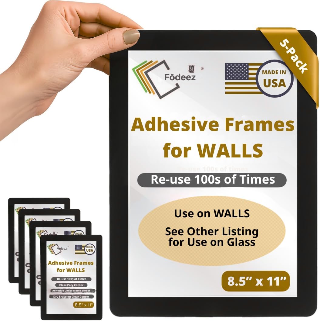 8.5 x 11 Adhesive Wall Frames - Peel & Stick Picture Frames, Wall Sign Holder, Paper & Letter Protector Sheets, Reusable Picture Frame, Dry Erase, Non Magnetic & Non Acryclic - Black, Pack of 5