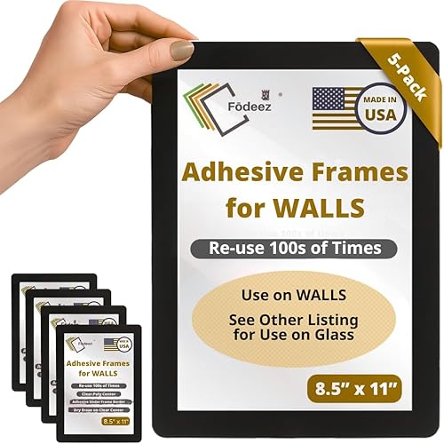 Marcos adhesivos de pared de 8.5 x 11 pulgadas, portarretratos para despegar y pegar, soporte para letreros de pared, hojas protectoras de papel y