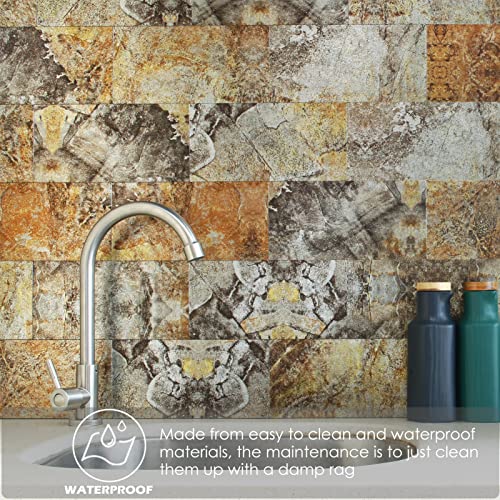 60-Pieces Coverage 13.1 Sq.ft Peel And Stick Backsplash Pvc Wall Tiles 4 Inch X 8 Inch In Rock Stone Brown Subway Stick On Backspalsh For Kitchen, Bathroom, Fireplace, Camper, Mirror Frame #TOP2