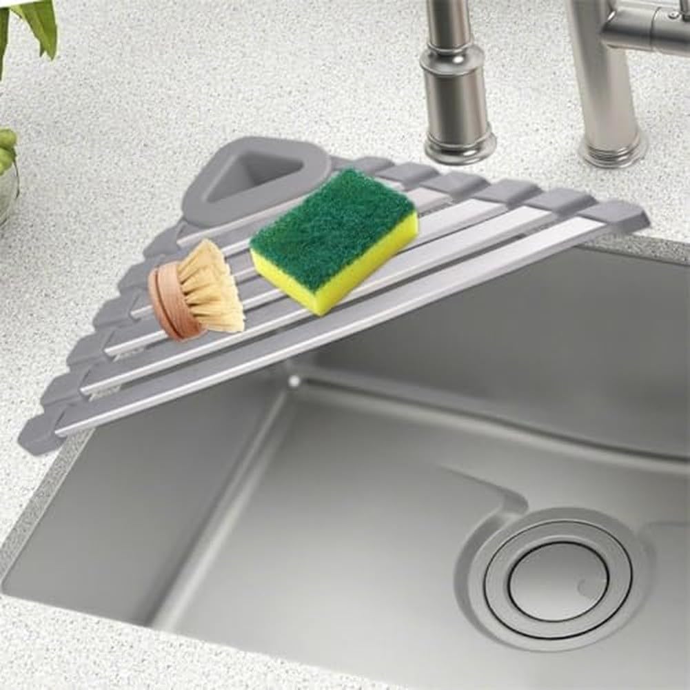 Scolapiatti compatto triangolare sopra il lavandino, scolapiatti pieghevole da cucina con robusto telaio in alluminio, tappetino in silicone antiscivolo per asciugatura rapida, salvaspazio