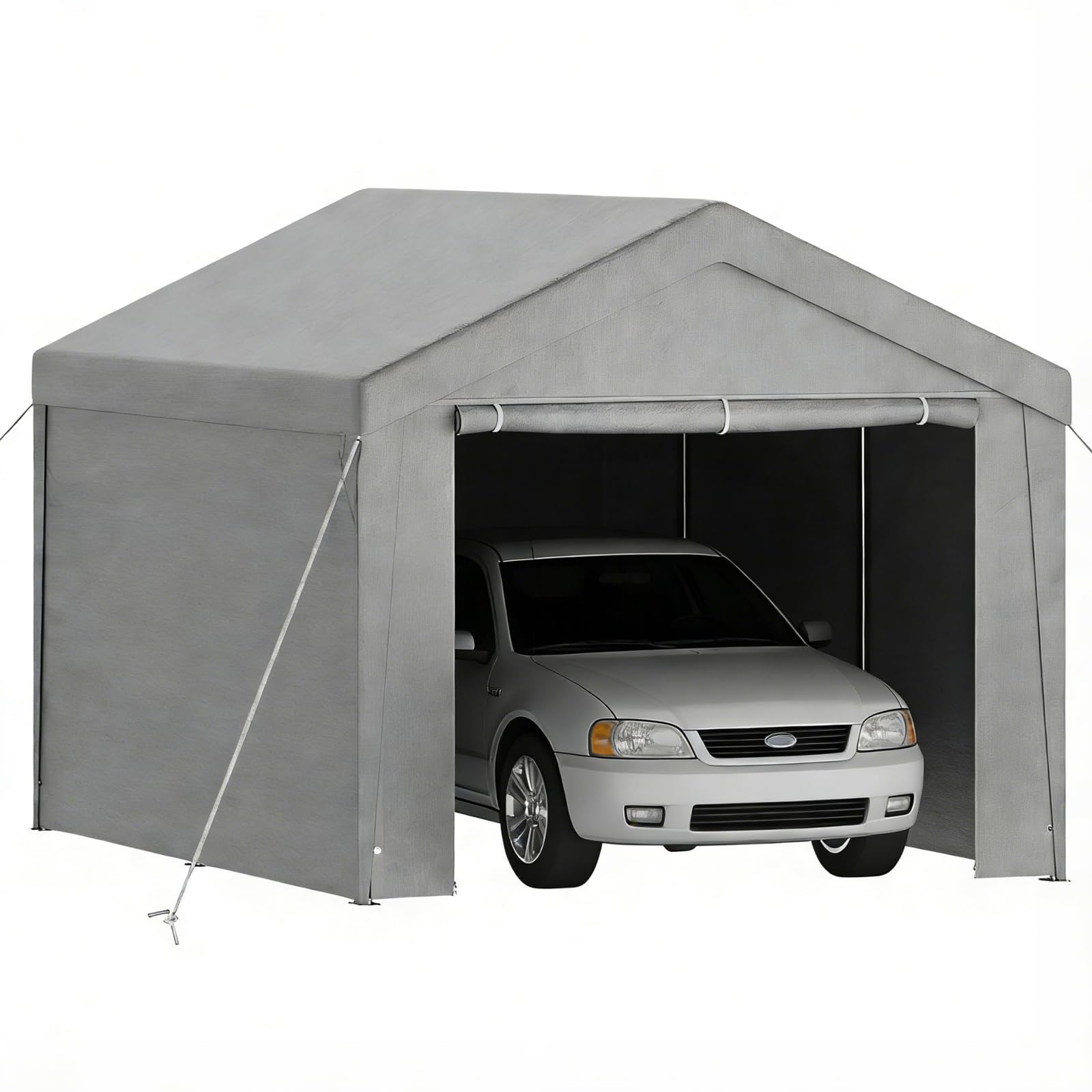 Tente de Garage 3x4m, Carport Abri Voiture avec Bâche PE & Porte Enroulable, Tente de Stockage Pliant Exterieur avec Parois Latérales Amovibles pour Moto Vélos Outils, Gris
