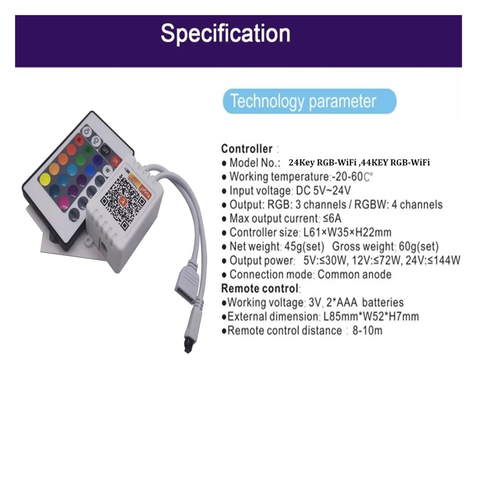 Controlador LED Inteligente WiFi Remoto Tuya, 24 Teclas, 44 Teclas, Control Remoto por Infrarrojos, DC12-24V Adecuado for Tira de Luces LED RGB 2835 5050 (Color : WiFi RGB 24key IR)