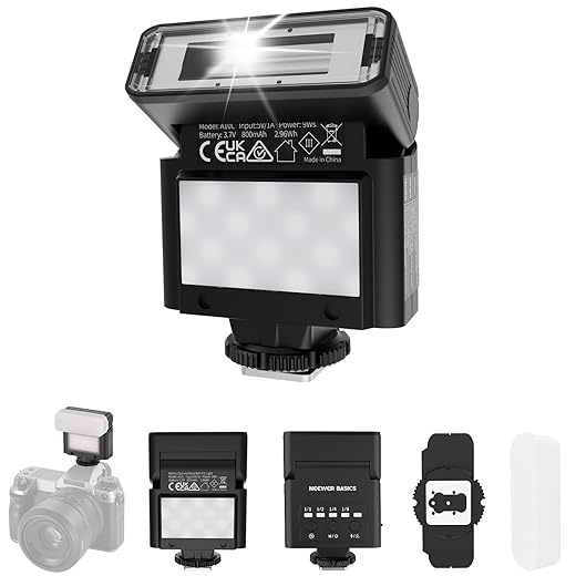 NEEWER BASICS Mini Camera Flash with 2W LED Video Light/GN10/0.5-3.5s Recycle/550 Flashes/6500K±300K/800mAh Battery, Compatible with Canon Fujifilm Sony Nikon Ricoh DSLR Standard Hot Shoe Camera, A10L