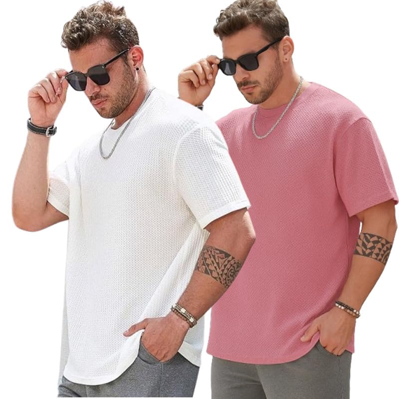 Image of Men Solid Waffle Round Neck Oversized /Dropshoulder |Baggy| Summer T Shirt for Ment Shirt
