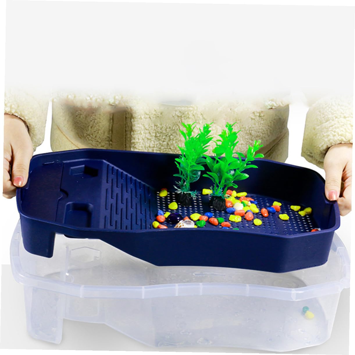 HEMOTON Acquario per Prendere Sole in Plastico Blu Piattaforma per Tartarughe d Acqua Doppio e Resistente a Rotture per Nuoto e Riposo