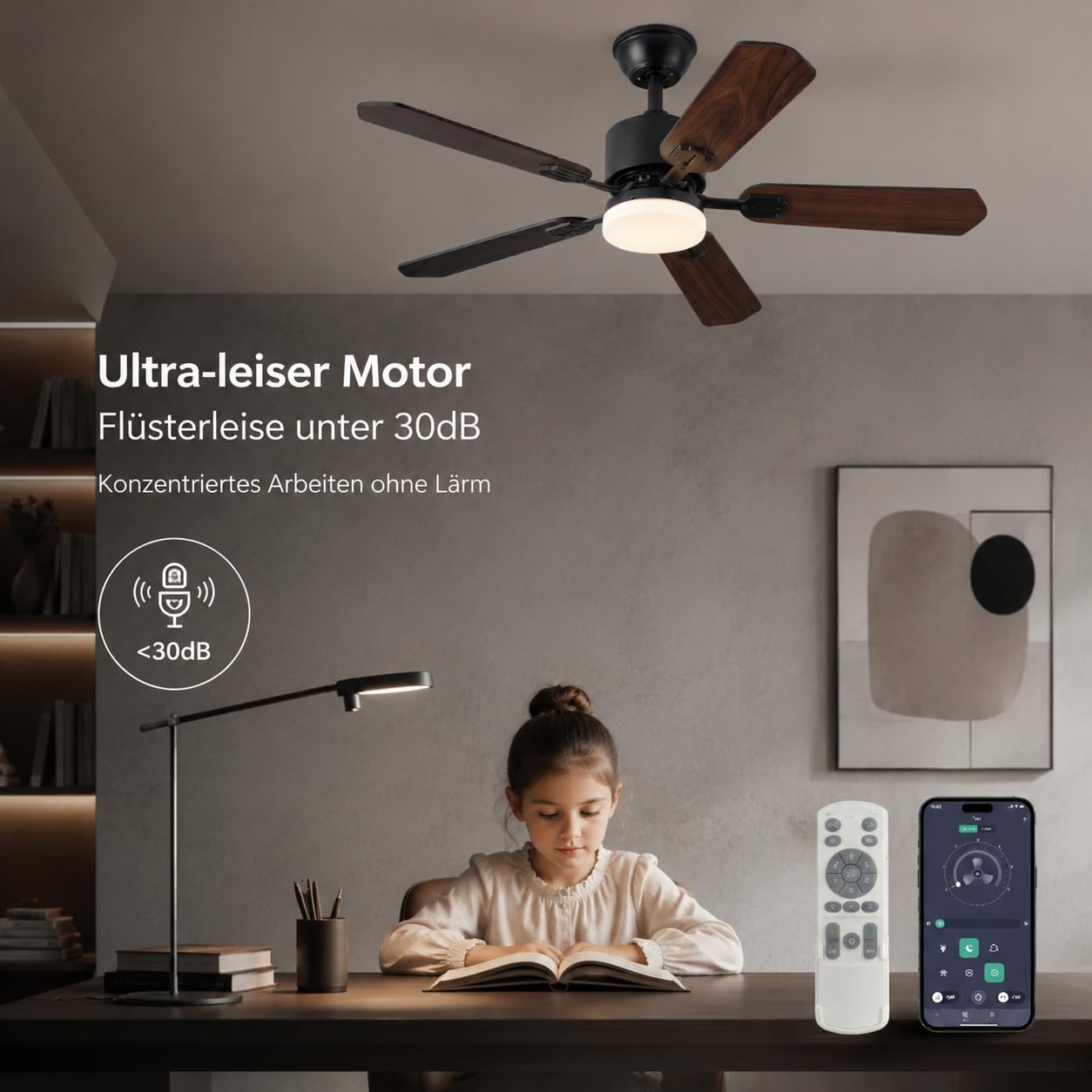 DATO Deckenventilator mit Beleuchtung und Fernbedienung,108 cm,5 Holzflügel,3 Farbtemperaturen,Timer,für Schlafzimmer und Wohnzimmer (Schwarz, 108 cm)