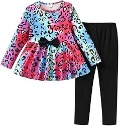 Conjunto de roupas infantis de manga comprida com laço + calça com estampa floral, 2 peças