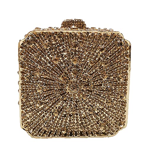 Boutique De FGG Women Metal Box Crystal Clutch Purse Evening Bag Wedding Bridal Rhinestone Handbags Party Clutch Bag,Mini Mini Square Gold