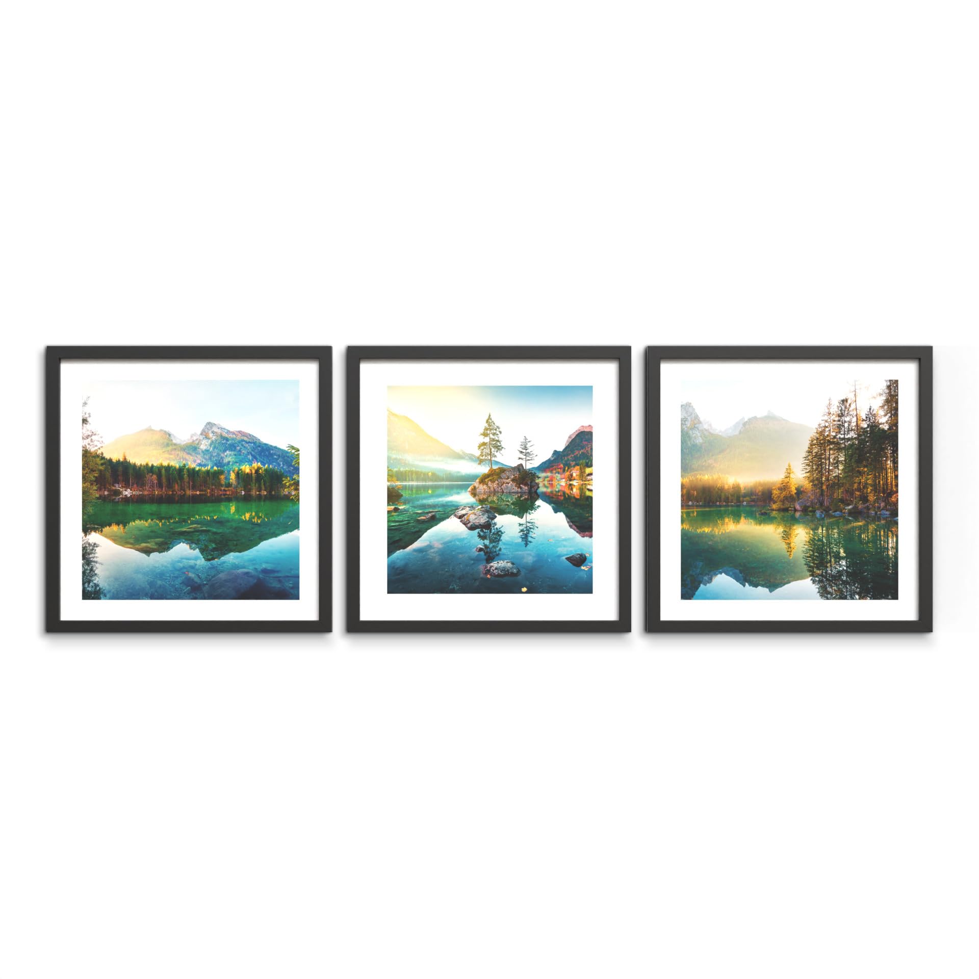 STYLER Bilder Set Landscape 3x 30x30 cm (AUFHÄNGFERTIG) mit hochwertigem schwarzem Rahmen - Natürliche Schönheit für Ihr Zuhause - Inspirierende Landschaften - Natur See Wald Berge