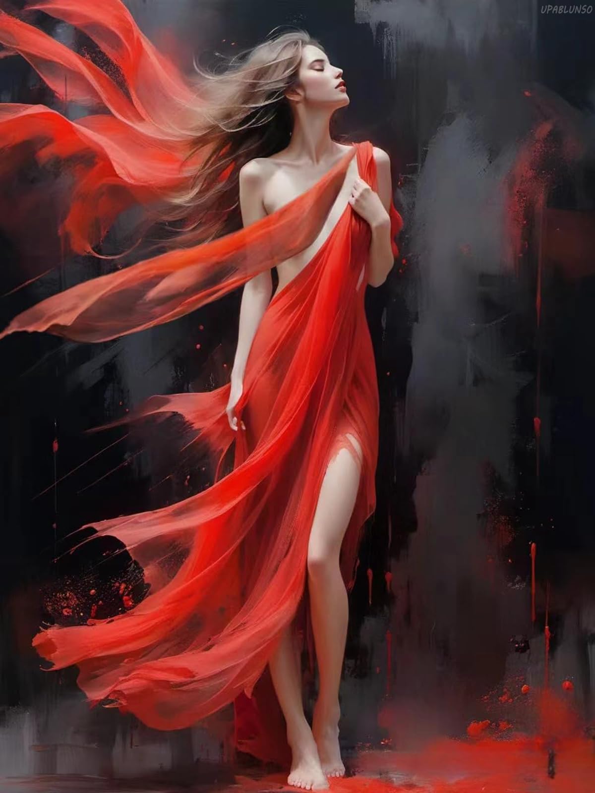 UPABLUNSO Woman Beauty in Red Dress DIY 5D Diamond Art Painting Kits Round Full Drill Diamond Art Paint by Number Kits for Beginners Crystal Cross Stitch for Wall Decor and Gift 12x16inch