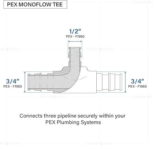 Miniatura 3 de Midline Valve S1228 Monoflow Tee Pipe Fitting para aplicaciones de calefacción hidrónico 34 pulg. x 12 pulg. Conexiones Pex Latón