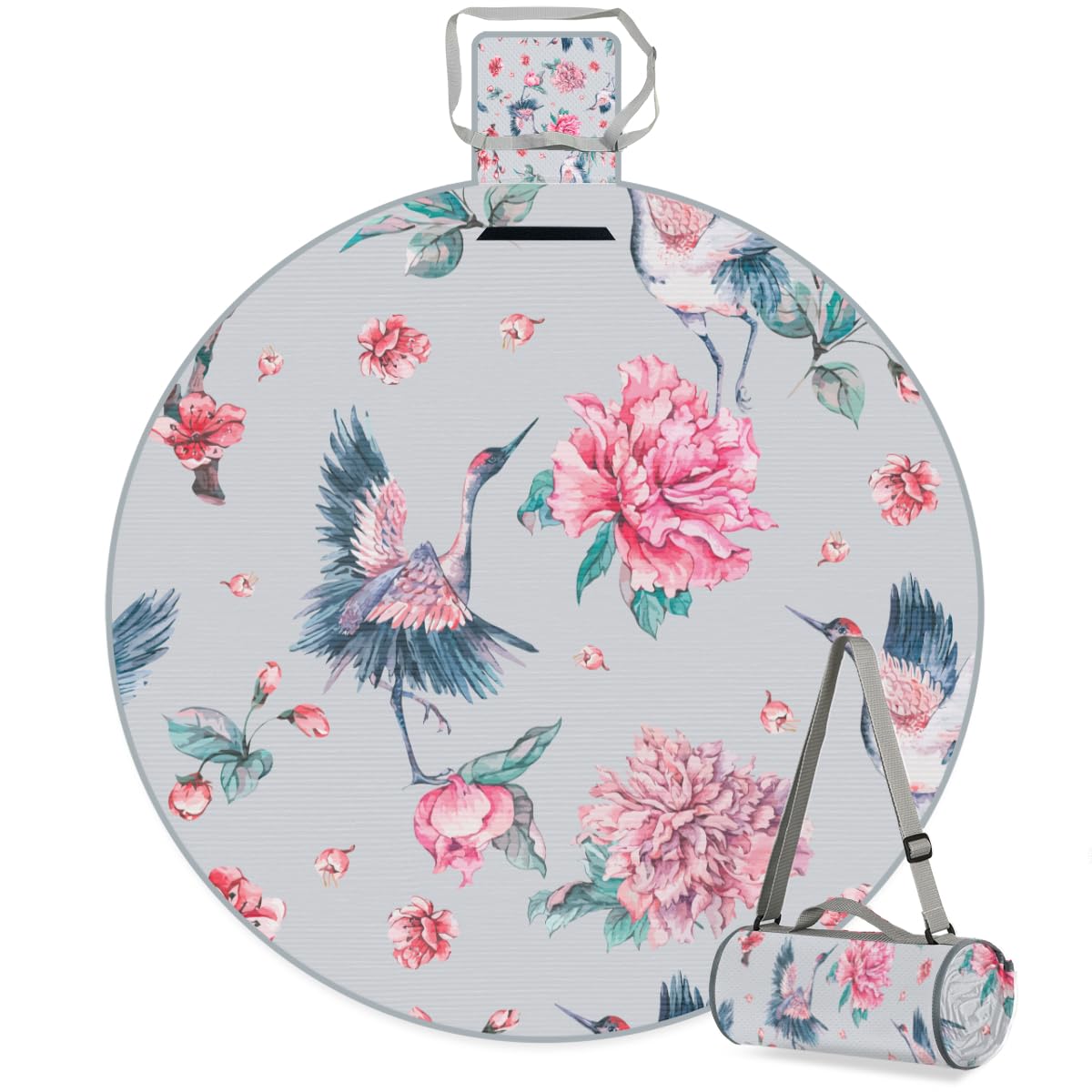 Shimoshe Vintage Crane Picnic Outdoor Blanket Foldable Waterproof Sandproof Beach Blanket Portable Water-Resistant Round Picnic Mat for Travel Camping Park Lawn