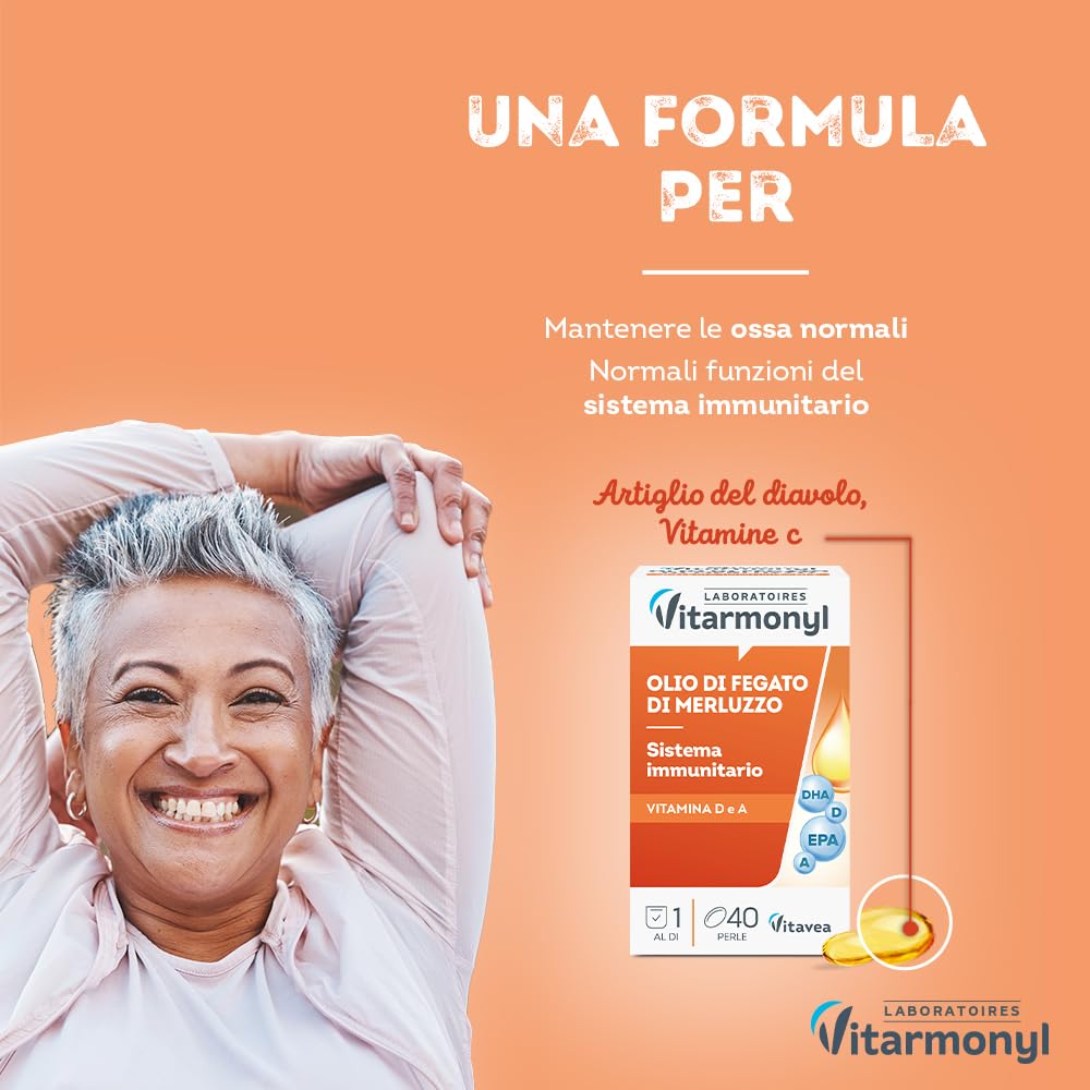 Olio di Fegato di Merluzzo - Ricco di Omega 3 - EPA e DHA - Sistema Immunitario - Salute delle Ossa - 560mg Olio di Pesce - Vitamina A e D - 40 Perle Marine - Vitarmonyl