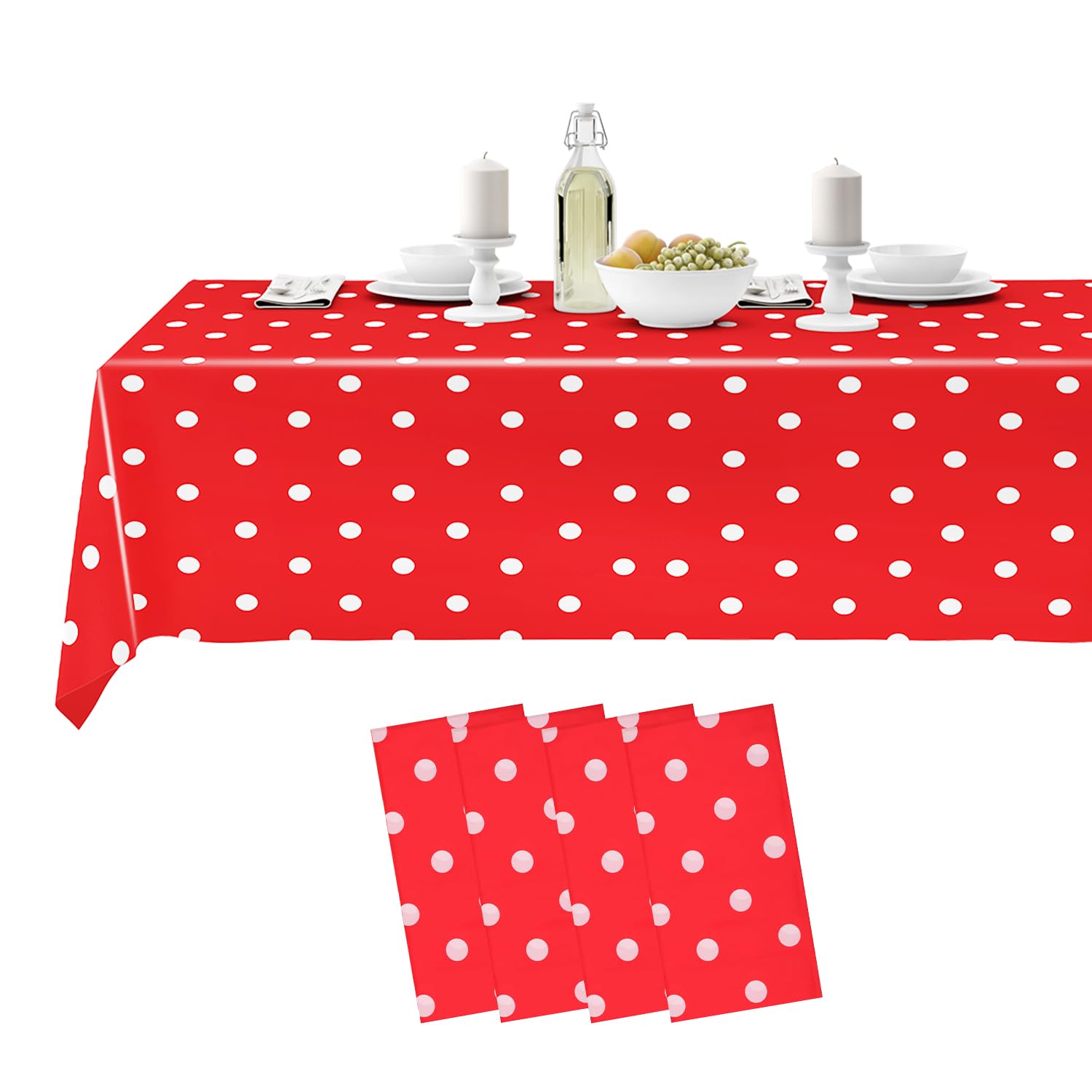 54"X 108" Polka Dots Disposable Plastic Table Cover - Waterproof, Spill-Proof, Rectangular Table Protector for Birthdays, Baby Showers, Outdoor Dinners, Picnics, Red - Pack of 4 โ image 1