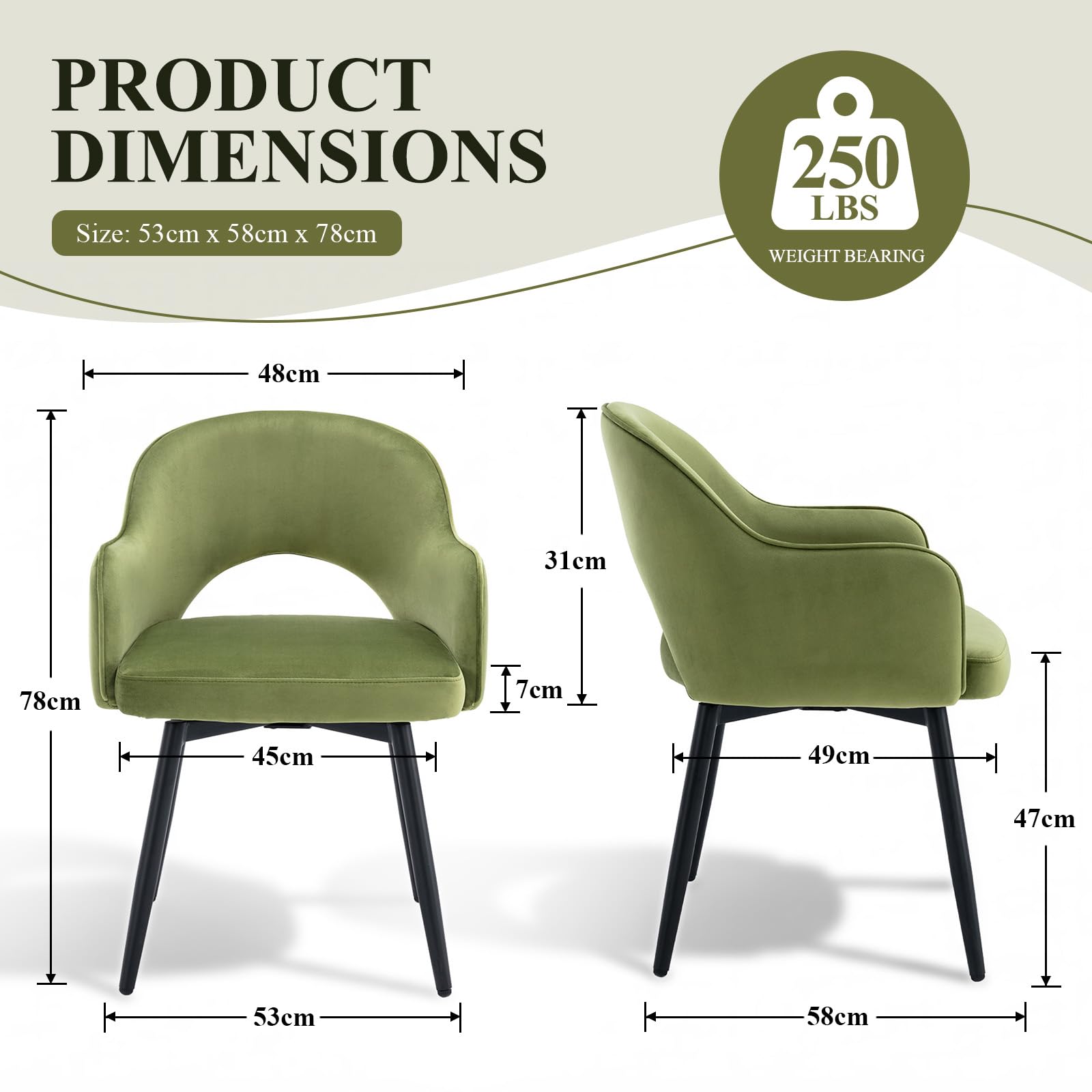 chairus Juego de 4 Sillas de Comedor Terciopelo Sillas de Cocina Giratoria con Patas Negras, Sillas de Hogar Modernas con Respaldo Hueco para Restaurante/Cafetería, Verde