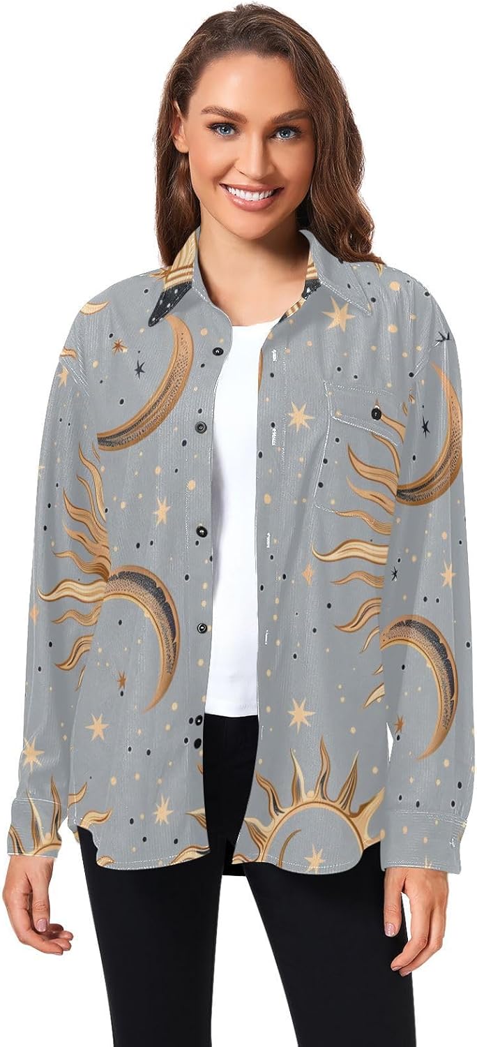 Golden Celestial Voodoo Style Woolen Cord Fabric Mens Rugby Shirts Long Sleeve for Women Office with Pockets