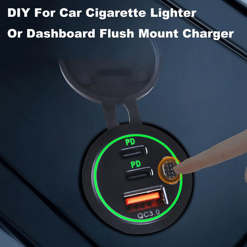 Cargador de coche USB de 3 puertos de 18 W con interruptor, 12 V-24 V QC 3.0 USB y doble PD USB C, cargador de carga rápida impermeable para coche, motocicleta, camión, barco marino (verde)