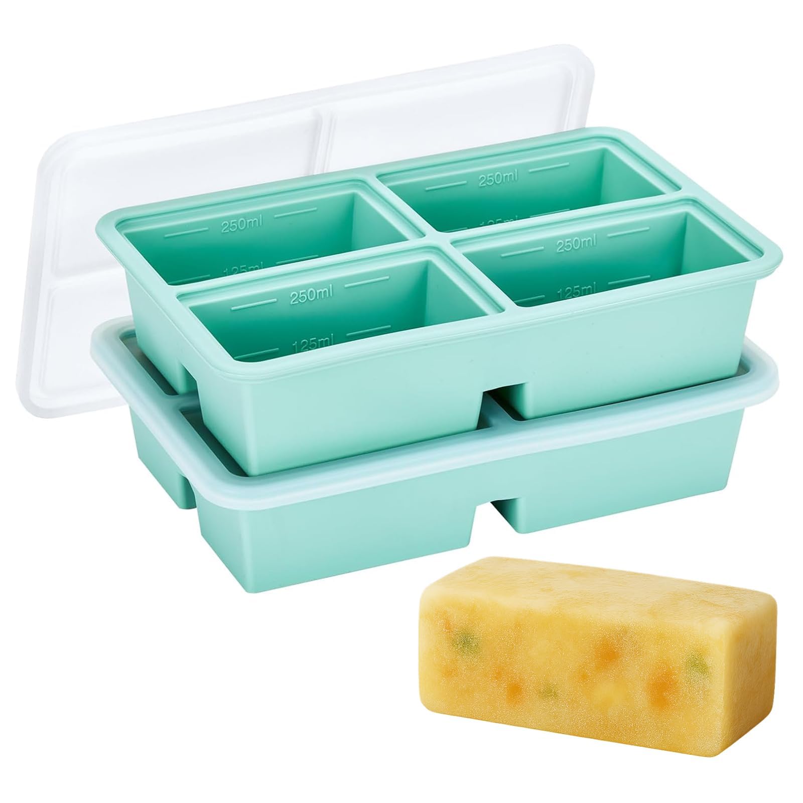 2 Pack Silicone Soup Freezer Tray with Lid, Silicone Freezer Moulds,Soup Freezer Containers,Container for Storing and Freezing Soup,Broth,Sauce and Ice,Large 4-Compartment Freezer Container (Green)